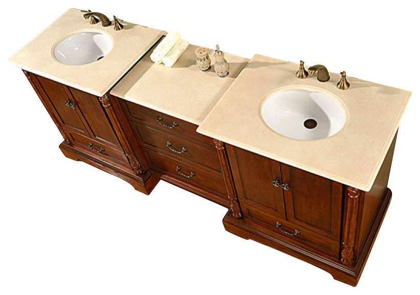 87 Inch Walnut Double Sink Bathroom Vanity, Marble Top, Traditional
