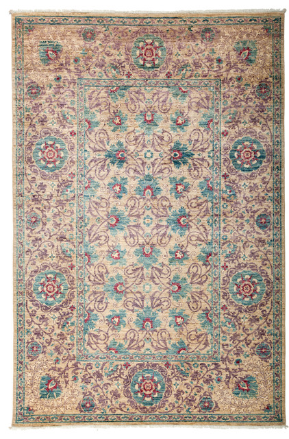 Contemporary One-of-a-Kind Patterned & Floral Handmade Area Rug, Linen, 6'x9'