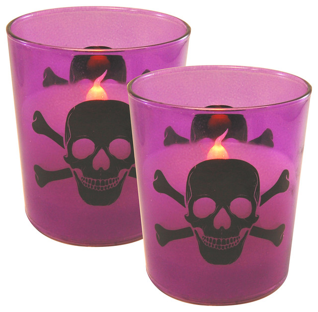 Battery Operated LED Wax Candles in Glass Holders, Skull and Crossbones, Set of