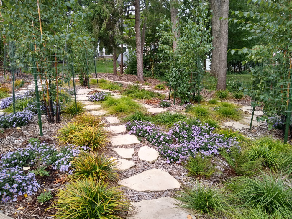 Inspiration for a small back xeriscape partial sun garden for autumn in Cedar Rapids with a garden path and natural stone paving.