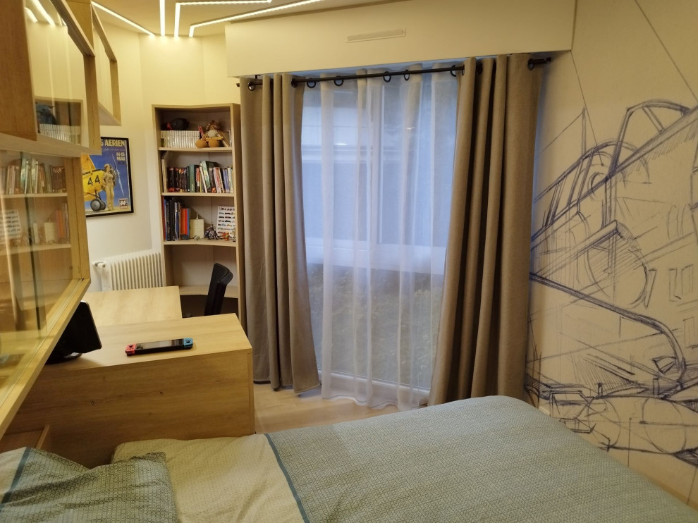Imagen de dormitorio infantil industrial con ladrillo
