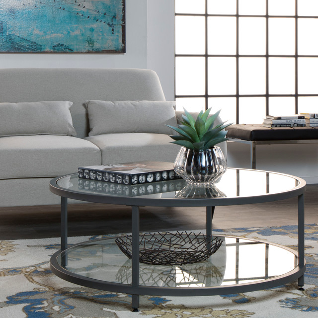 Camber 36 Round Coffee Table Pewter Clear Glass 71003 Modern