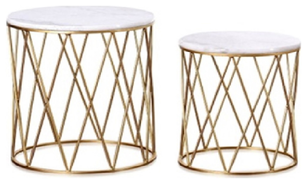 Round Marble Top Nesting Accent Tables With Gold Metal Cage Base, 2