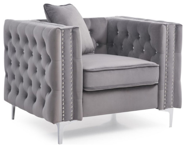 Maklaine Contemporary Soft Velvet Jeweled Buttoned Tufted Chair In Gray Contemporary 5194