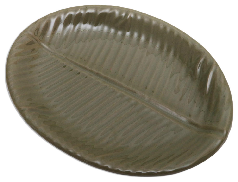 NOVICA Oval Banana Leaf And Stoneware Ceramic Serving Platter
