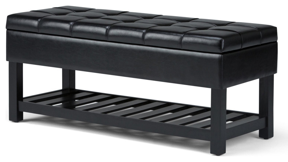 Classic Storage Ottoman, Slatted Shelf & Hinged Lid With Tufting