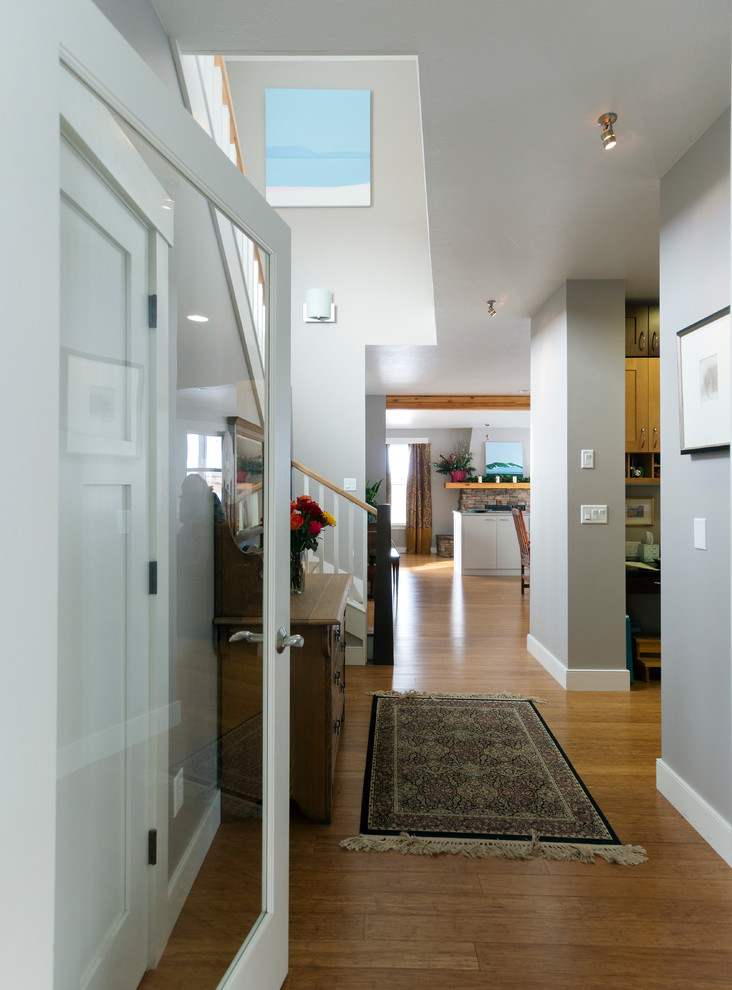 This is an example of a mid-sized contemporary entry hall in Other with grey walls and bamboo floors.