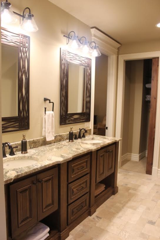 Bathroom - mid-sized transitional 3/4 porcelain tile bathroom idea with an undermount sink and granite countertops