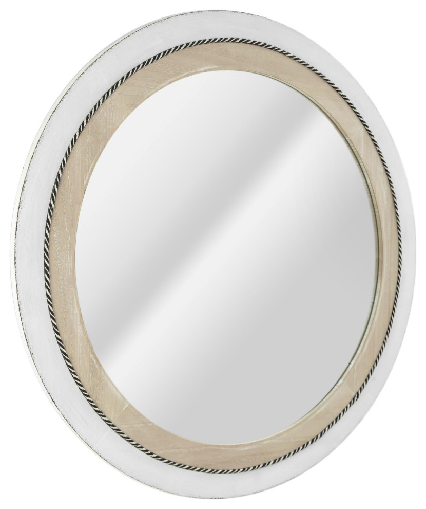 Rustic Whitewashed and Neutral Wood Framed Round Wall Mirror With Inlaid Rope Beach Style