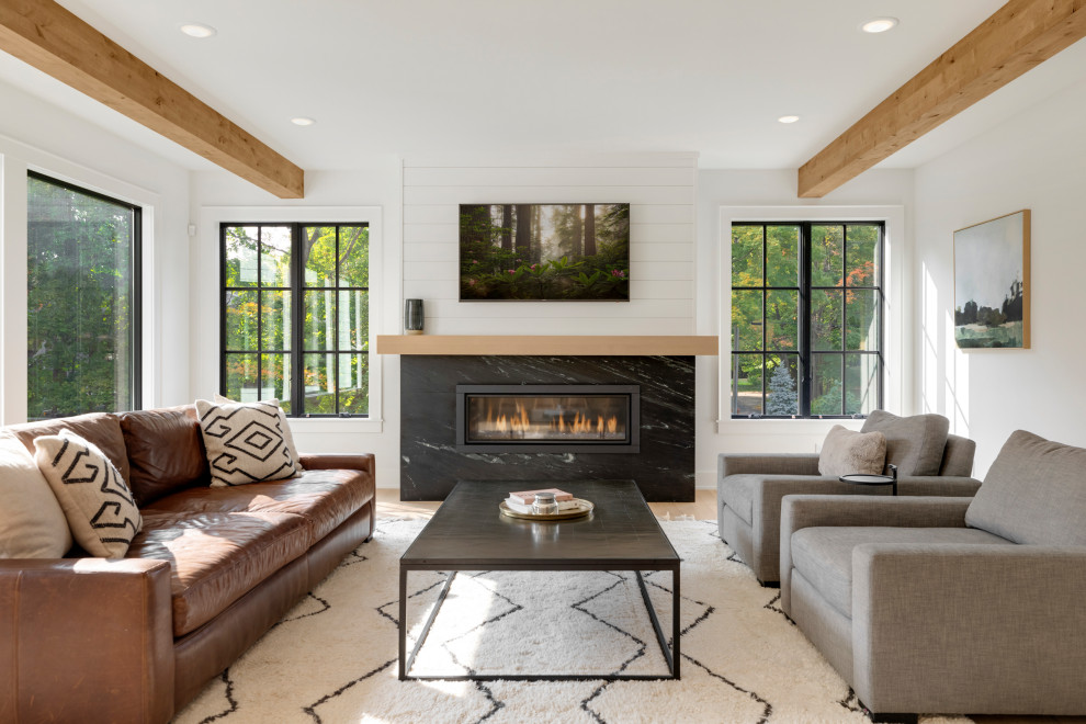 This is an example of a medium sized farmhouse open plan games room in Minneapolis with white walls, medium hardwood flooring, a ribbon fireplace, a wall mounted tv, brown floors and a chimney breast.