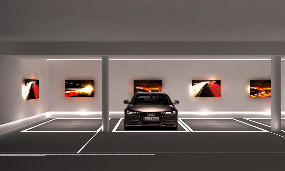 Idées déco pour un très grand garage pour quatre voitures ou plus séparé contemporain.