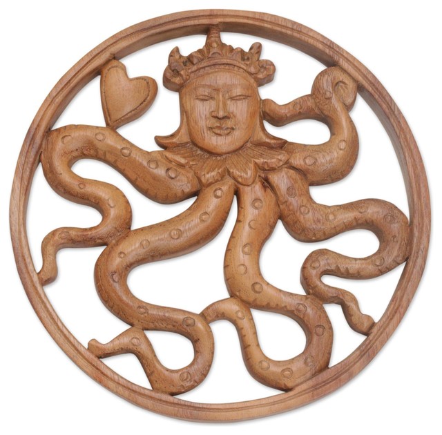 Novica Octopus Queen Wood Wall Relief Panel Beach Style Wall