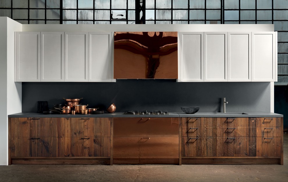 Inspiration for a small modern galley eat-in kitchen in New York with an undermount sink, shaker cabinets, distressed cabinets, quartz benchtops, grey splashback, stone slab splashback, concrete floors and with island.
