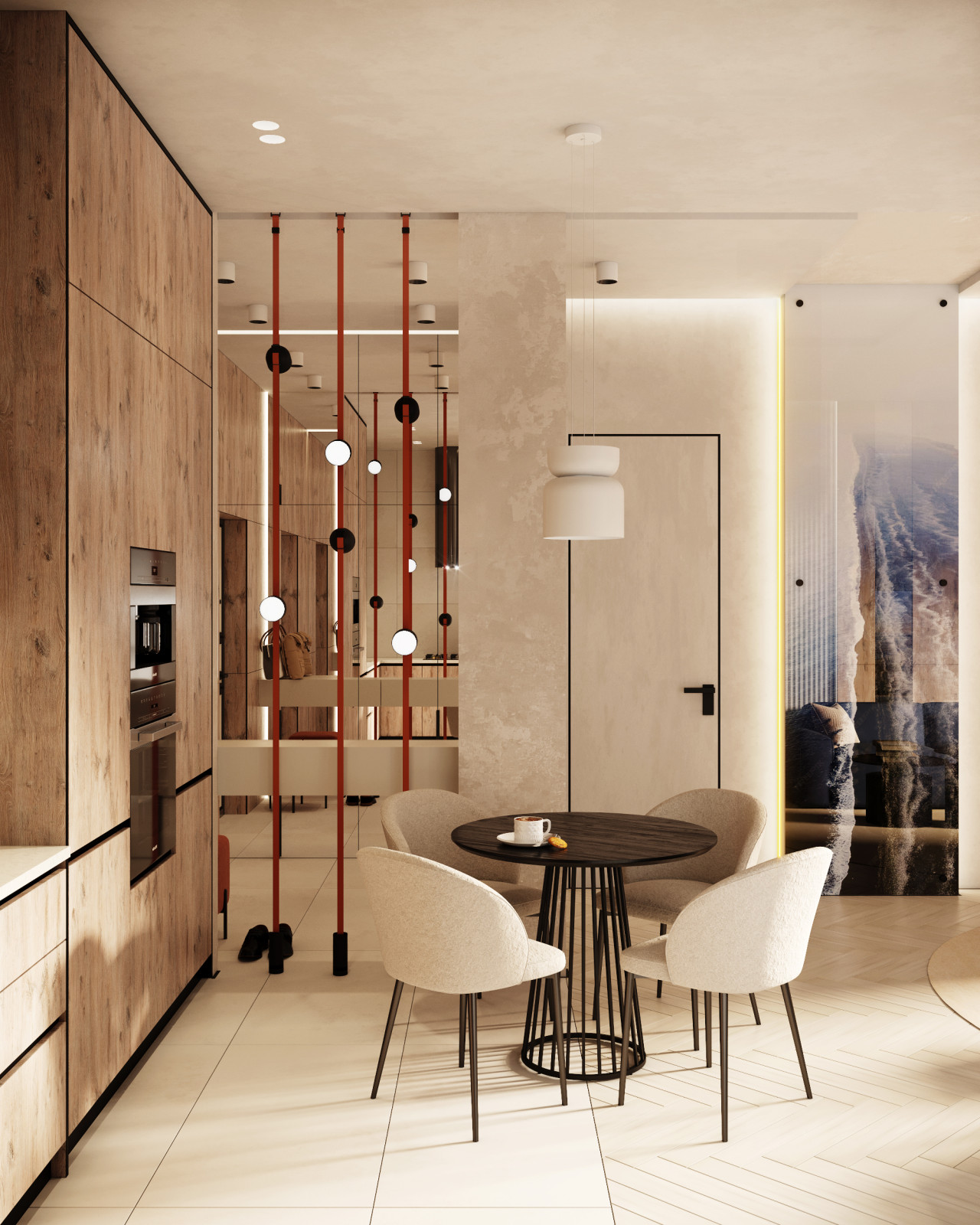 Обеденная зона и стеклянное панно с фотопечатью