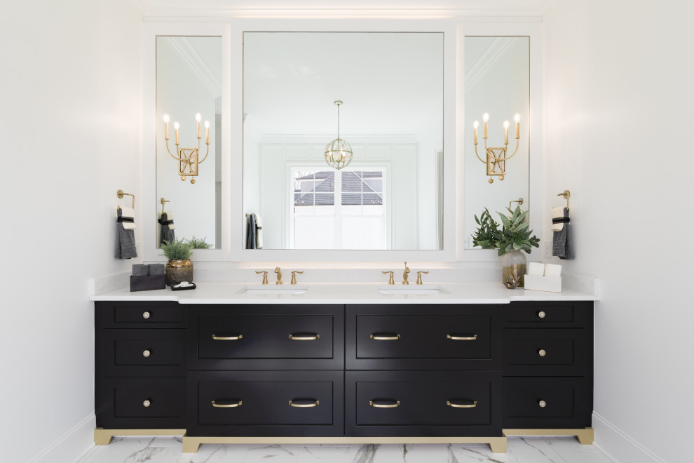 Transitional bathroom in Other with shaker cabinets, black cabinets, a freestanding tub, a curbless shower, marble, white walls, engineered quartz benchtops, a hinged shower door, white benchtops, a niche, a double vanity and a built-in vanity.