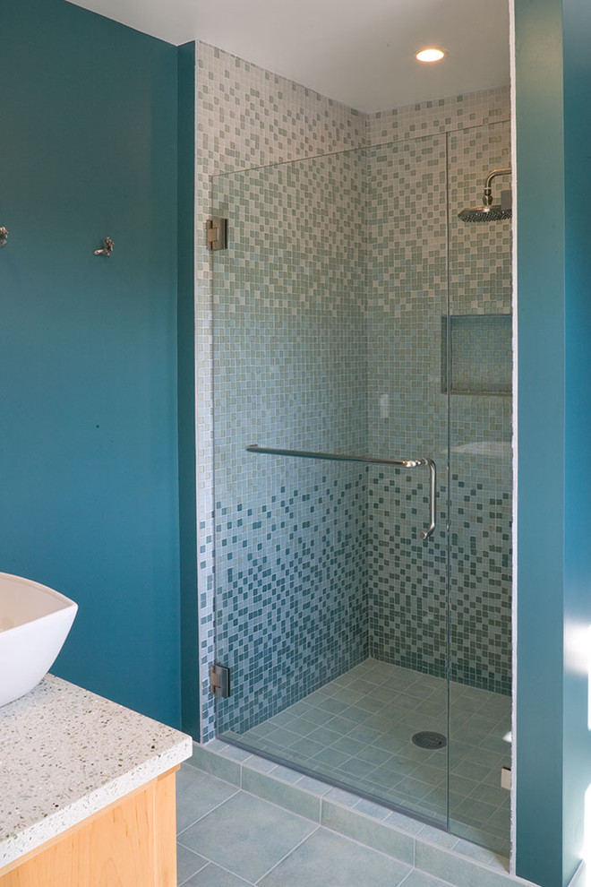 Contemporary master bathroom in San Francisco with granite benchtops, mosaic tile, a vessel sink, an alcove shower, blue tile, blue walls and a hinged shower door.