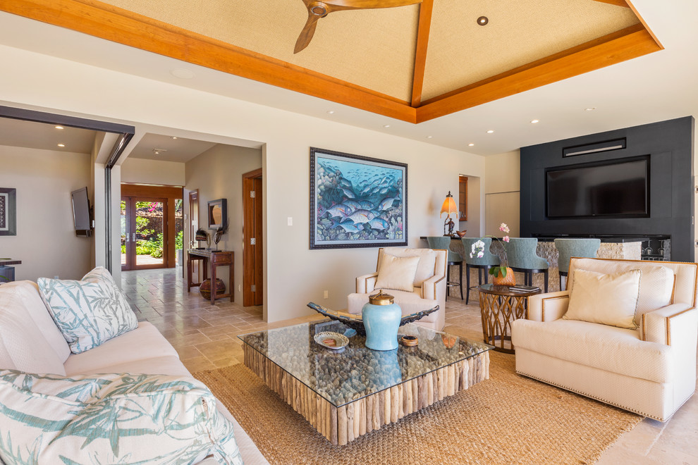 Inspiration for a mid-sized transitional open concept living room in Hawaii with a home bar, a wall-mounted tv and white floor.