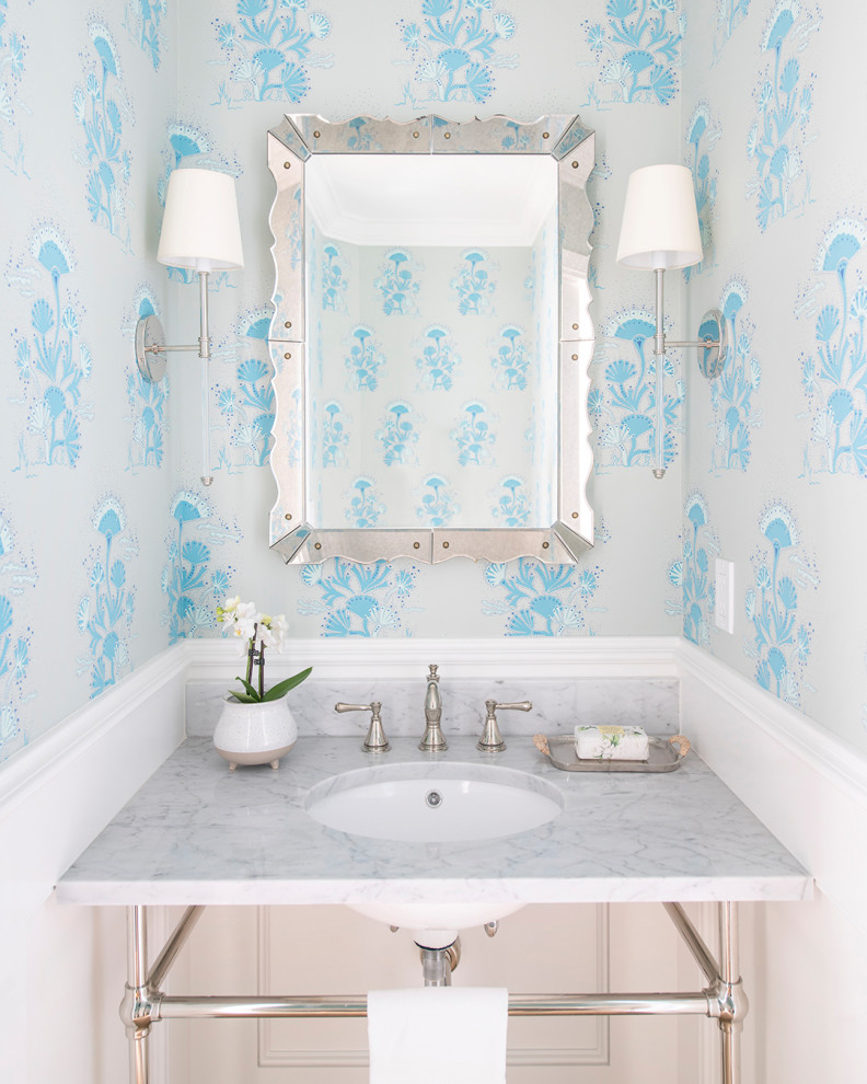 Powder room - small coastal white tile and ceramic tile wallpaper powder room idea in Los Angeles with gray cabinets