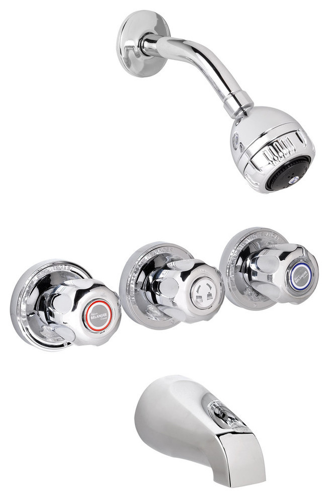 Belanger 3060W Showerhead and Tub Faucet With Knob Handles, Polished Chrome