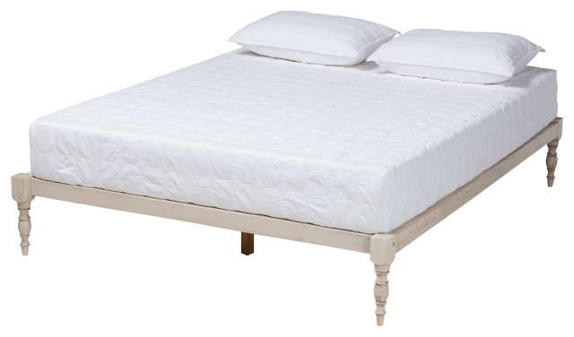 Orissa Antique Platform Bed Frame, White Wooden Queen Size Bed Frame