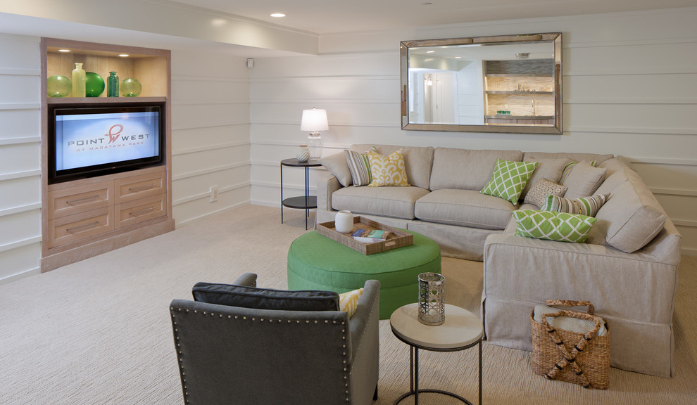 Design ideas for a beach style family room in Grand Rapids with white walls, carpet and a built-in media wall.