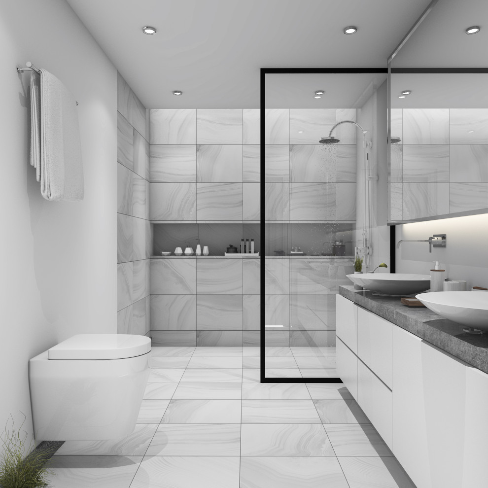 Стильный дизайн: главная, серо-белая ванная комната среднего размера в стиле модернизм с плоскими фасадами, белыми фасадами, открытым душем, инсталляцией, серой плиткой, керамогранитной плиткой, серыми стенами, полом из керамогранита, настольной раковиной, столешницей из искусственного кварца, серым полом, открытым душем, серой столешницей, зеркалом с подсветкой, нишей, тумбой под две раковины, подвесной тумбой и сводчатым потолком - последний тренд