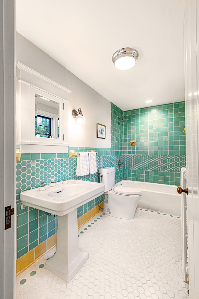 This is an example of a medium sized family bathroom in Detroit with an alcove bath, an alcove shower, a two-piece toilet, green tiles, ceramic tiles, white walls, ceramic flooring, a pedestal sink, white floors, a shower curtain and a single sink.