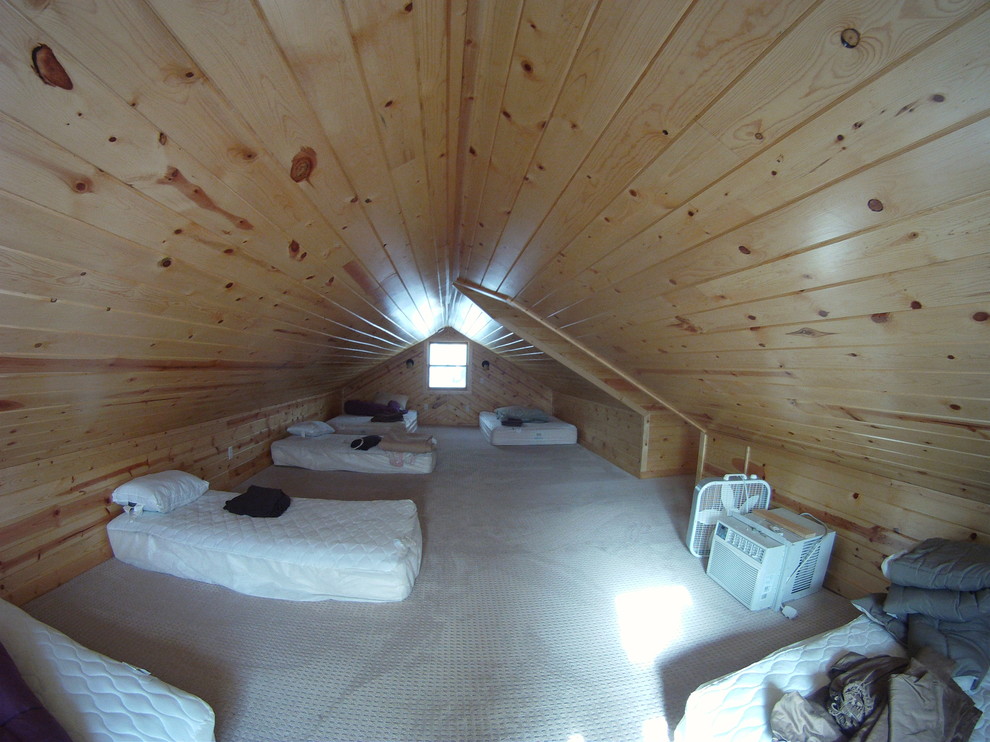 This is an example of a large traditional loft-style bedroom in Minneapolis with brown walls, carpet and no fireplace.
