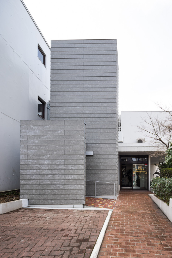 Cette photo montre une petite façade de maison grise tendance en bardage à clin à un étage avec un revêtement mixte, un toit en appentis, un toit en métal et un toit gris.