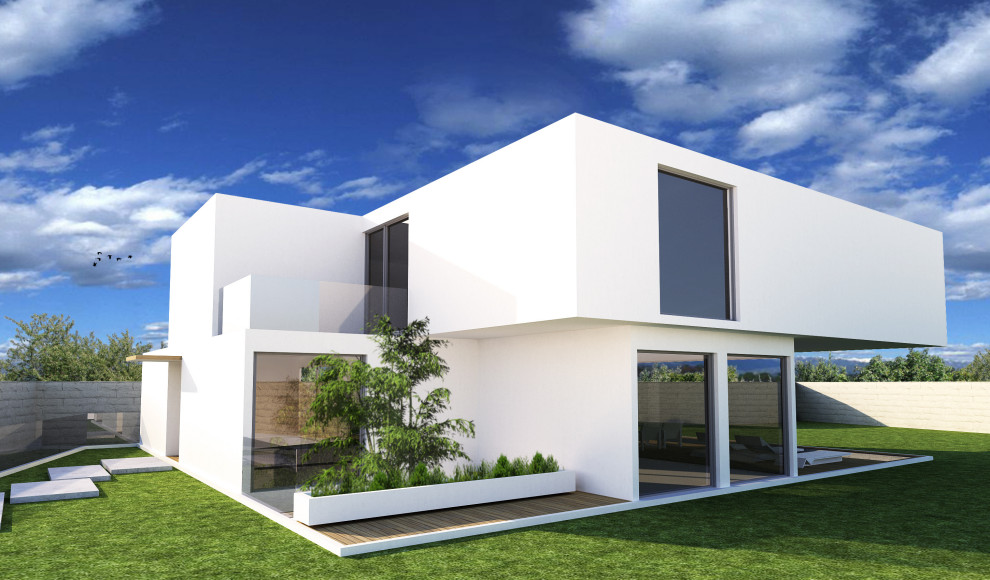 Idéer för att renovera ett mycket stort funkis vitt hus, med tre eller fler plan, blandad fasad, platt tak och tak i mixade material