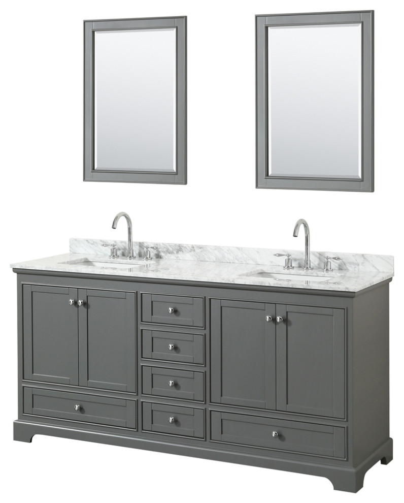 Deborah 72" Dark Gray Double Vanity, Carrara Marble Top,Square Sinks,24" Mirrors