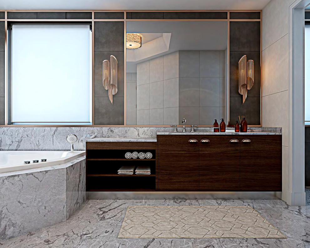 Photo of a mid-sized modern kids bathroom in Miami with a drop-in sink, furniture-like cabinets, medium wood cabinets, granite benchtops, a hot tub, an open shower, a one-piece toilet, beige tile, stone slab and brown walls.