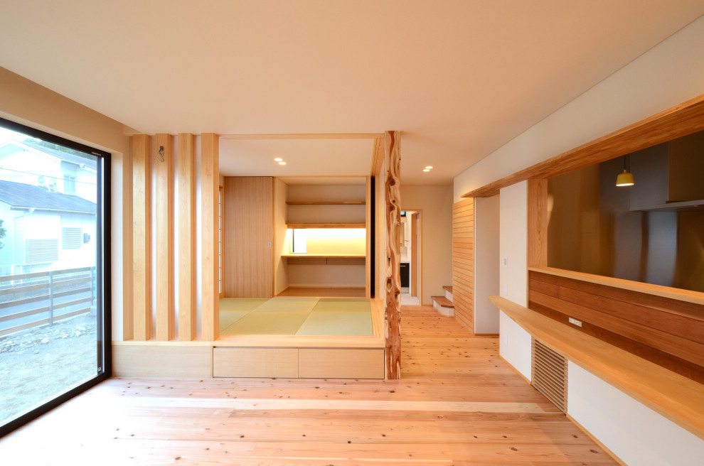 Modelo de salón abierto y blanco de estilo zen de tamaño medio con paredes blancas, suelo de madera en tonos medios, televisor colgado en la pared, papel pintado y papel pintado