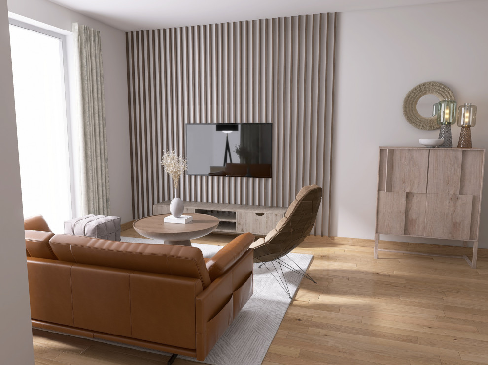 Idée de décoration pour un petit salon design ouvert avec un mur beige, un sol en bois brun, aucune cheminée, un téléviseur fixé au mur, un sol marron et du lambris.