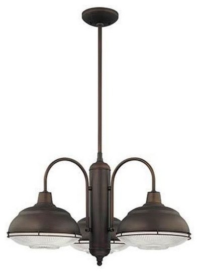 Neo-Industrial Rubbed Bronze Three-Light Chandelier with Clear Crosscut Glass