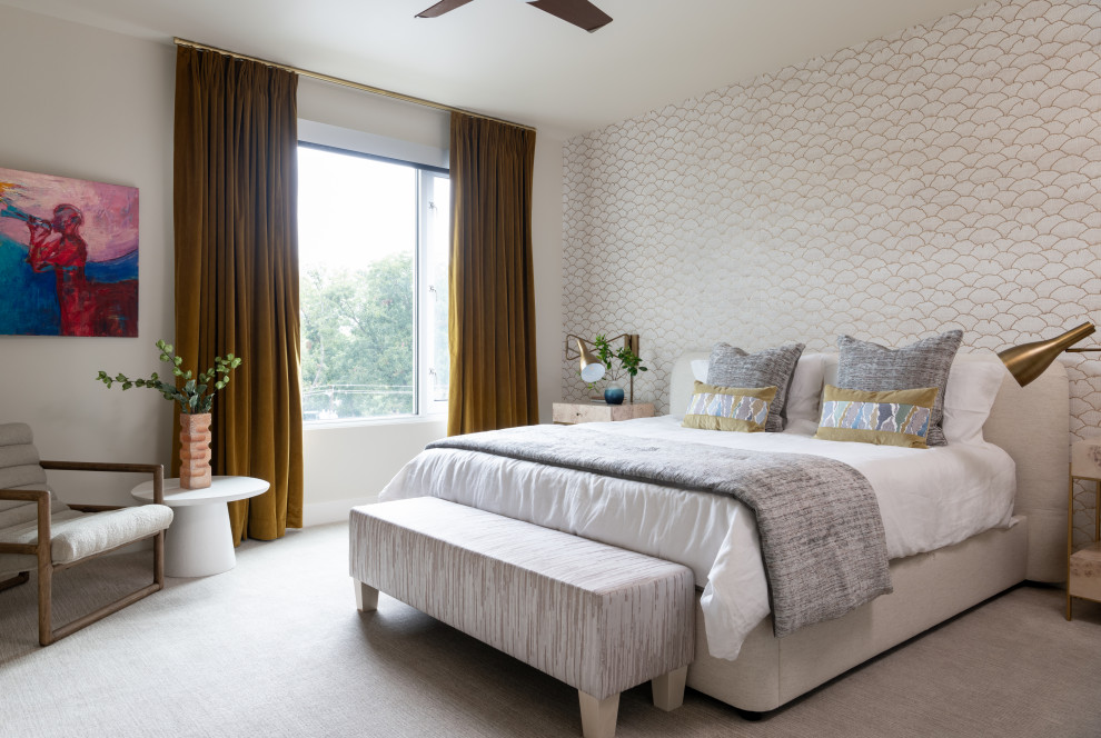 Contemporary bedroom in Austin with beige walls, carpet, beige floors and wallpapered walls.