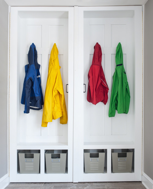 Mudroom/laundry room/office/closet- A place for everything! These lockers open