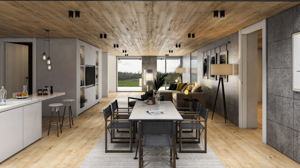 Inspiration for a mid-sized country open plan dining in West Midlands with grey walls, light hardwood floors, a wood stove, a concrete fireplace surround, beige floor and timber.