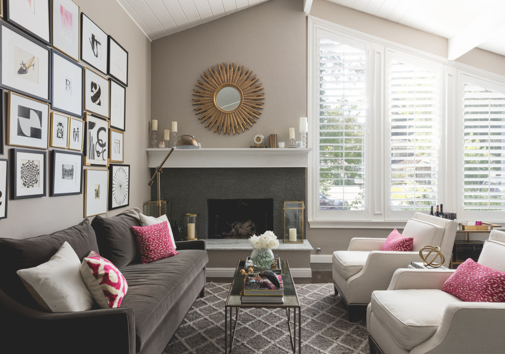 Photo of a mid-sized transitional formal open concept living room in San Francisco with grey walls, medium hardwood floors, a standard fireplace, a tile fireplace surround, no tv and brown floor.
