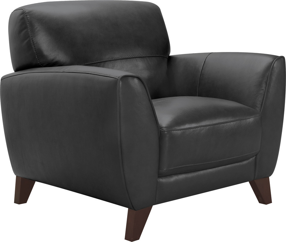 Jedd Contemporary Chair, Genuine Black Leather With Brown Wood Legs