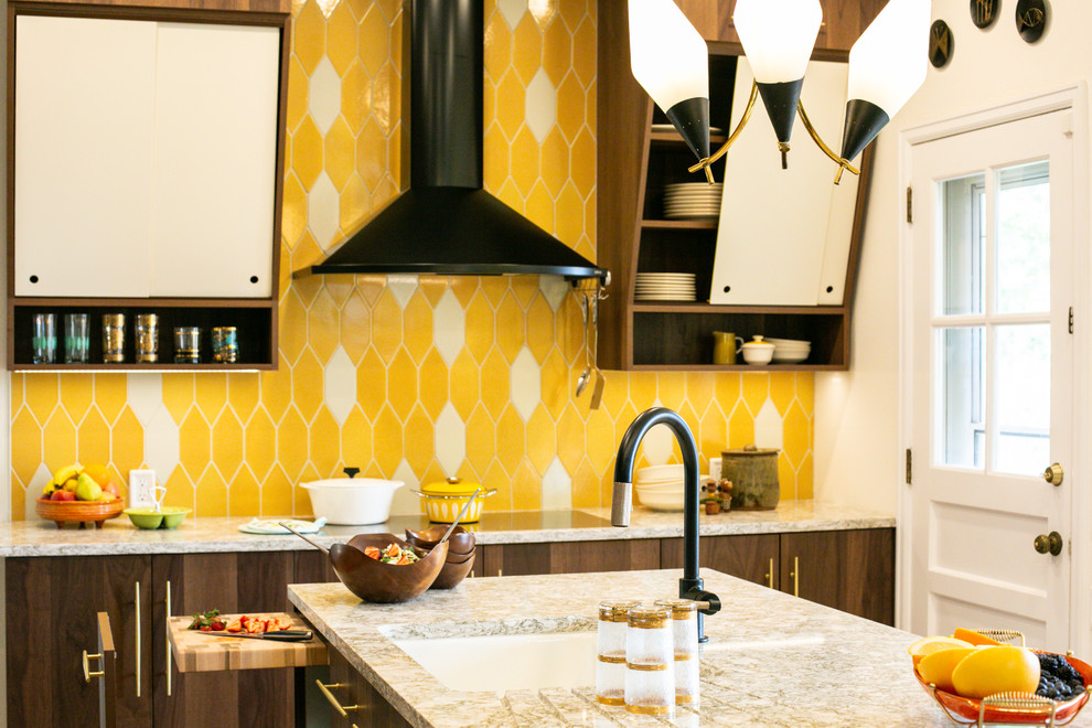 This is an example of a large midcentury l-shaped eat-in kitchen in Denver with a drop-in sink, yellow splashback, ceramic splashback, light hardwood floors, with island, beige floor and beige benchtop.
