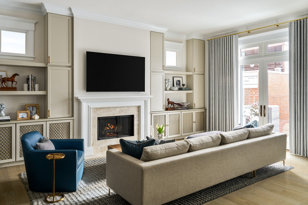 Medium sized classic living room in Chicago with light hardwood flooring, a stone fireplace surround and a wall mounted tv.