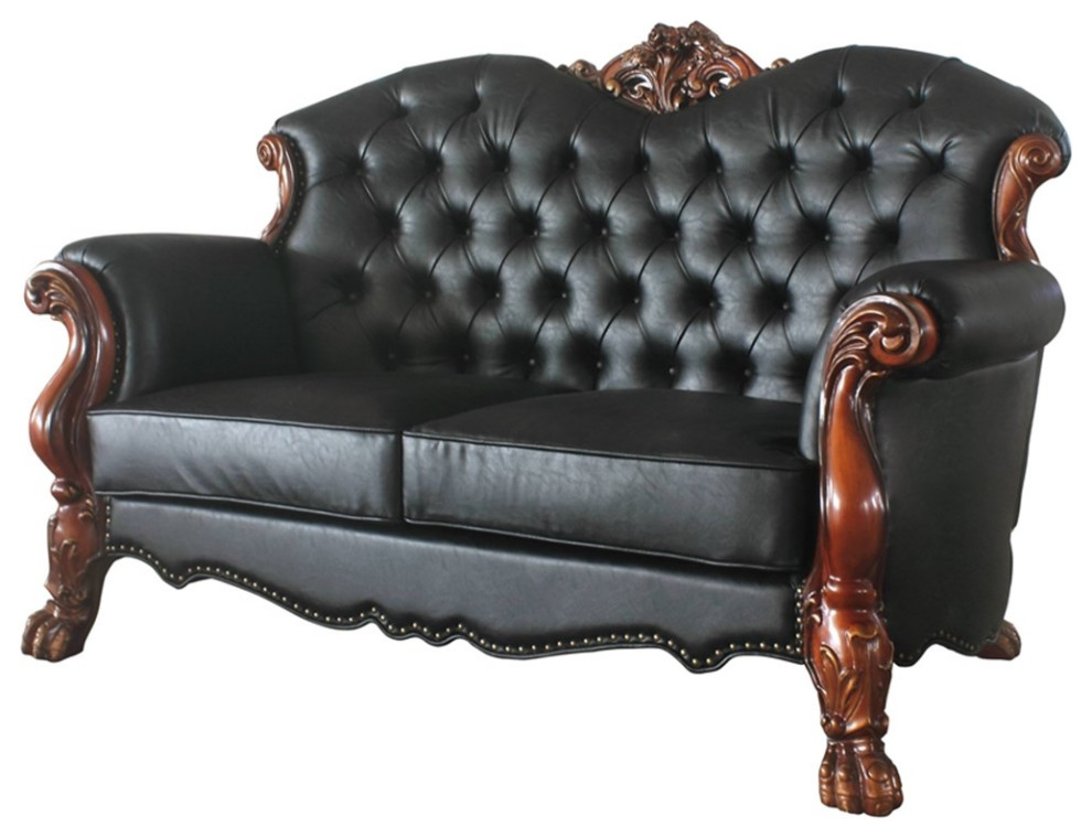 Bowery Hill Traditional Faux Leather/Wood Loveseat with 3 Pillows in Black