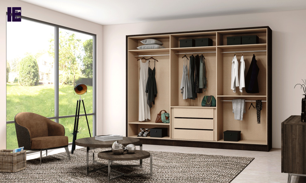 Inspiration for a large modern standard wardrobe in London with glass-front cabinets and brown cabinets.