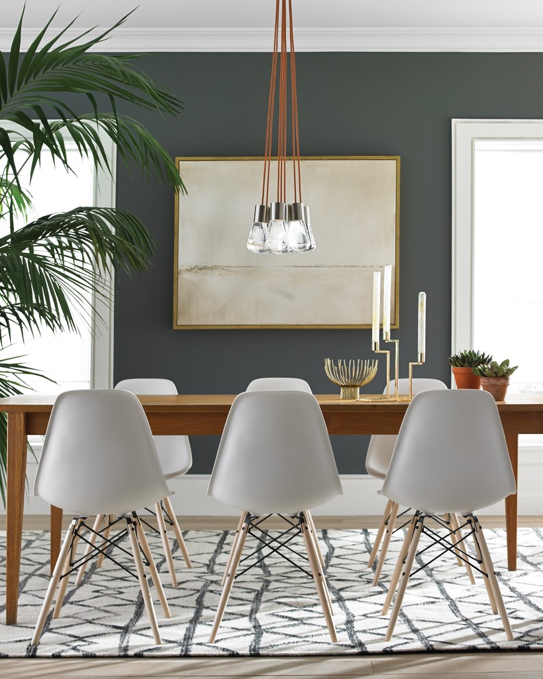 Design ideas for a contemporary dining room in Montreal with grey walls and light hardwood floors.