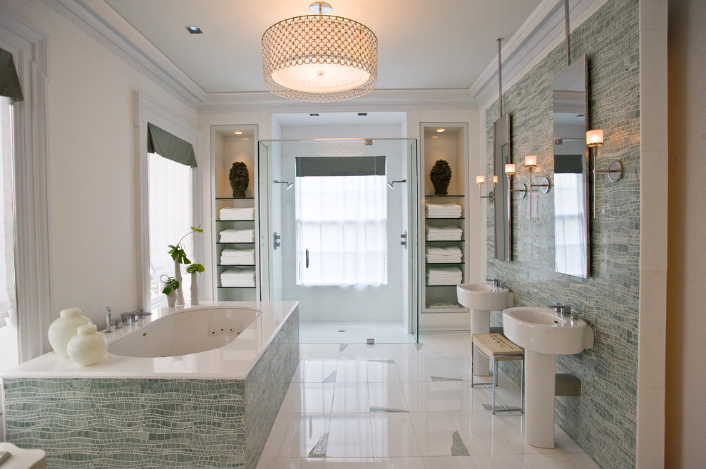 Inspiration for a modern master bathroom in New York with open cabinets, a drop-in tub, a double shower, white walls and green tile.
