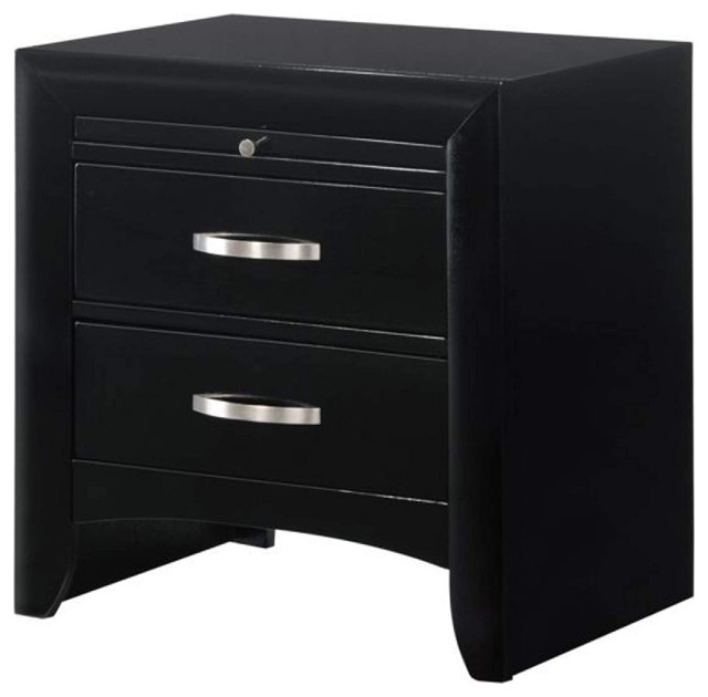 2 Drawer Wooden Nightstand with Pull Out Tray and Knob Pulls, Black