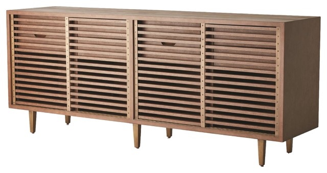 Midcentury Slat Front Sliding Door Media Cabinet Modern 80 Wood