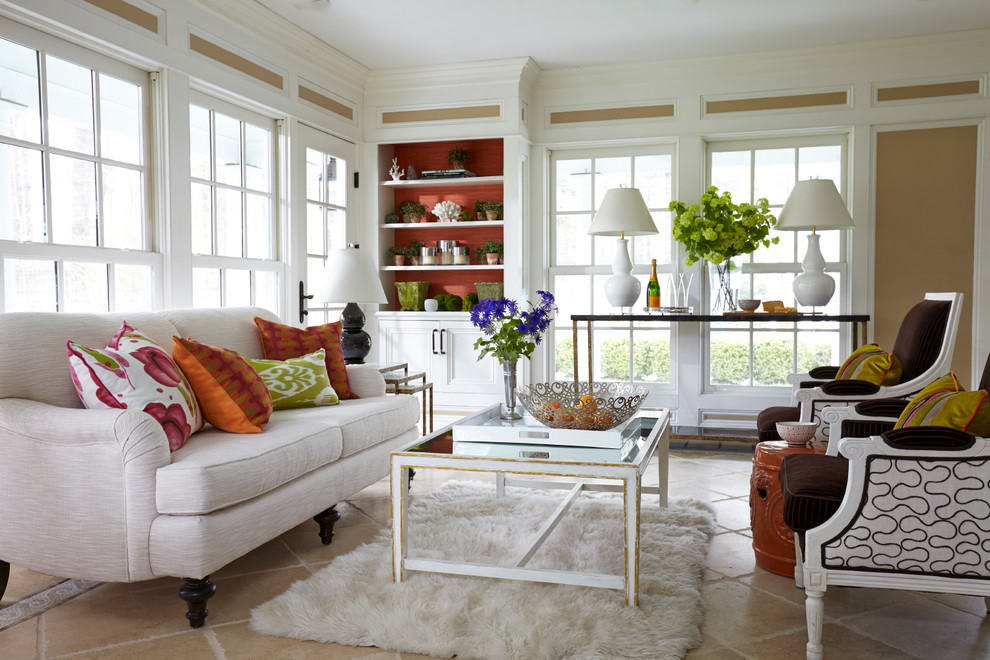 Transitional formal living room in New York with brown walls and beige floor.