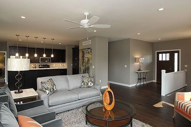 Living room - mid-sized contemporary open concept dark wood floor living room idea in Cedar Rapids with gray walls, no fireplace and a wall-mounted tv